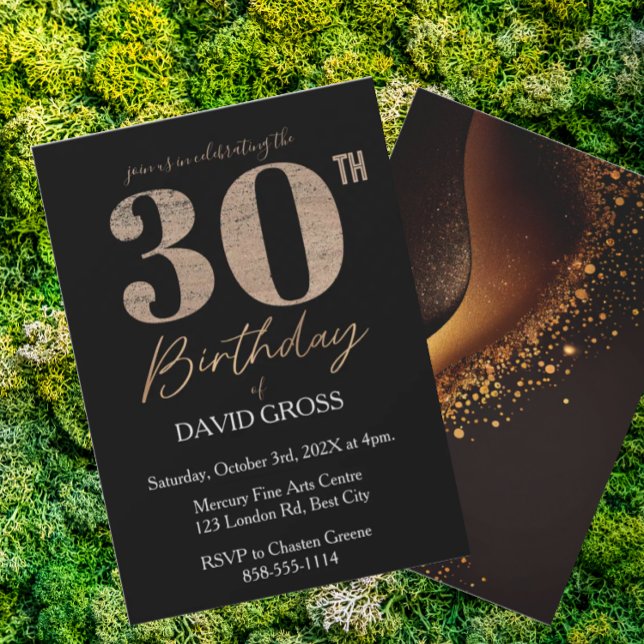Invitación Purpurina negro y oro Swirl 30 cumpleaños (Subido por el creador)