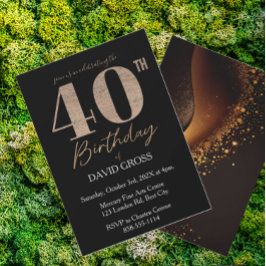 Invitación Purpurina negro y oro Swirl 40 cumpleaños