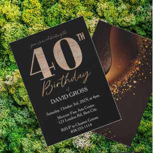 Invitación Purpurina negro y oro Swirl 40 cumpleaños