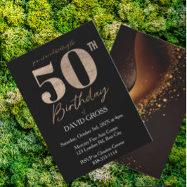 Invitación Purpurina negro y oro Swirl 50 cumpleaños