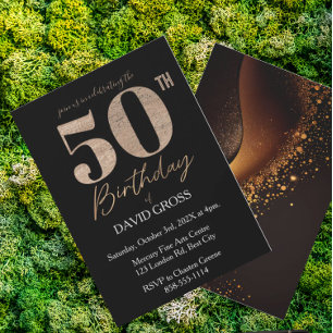 Invitación Purpurina negro y oro Swirl 50 cumpleaños