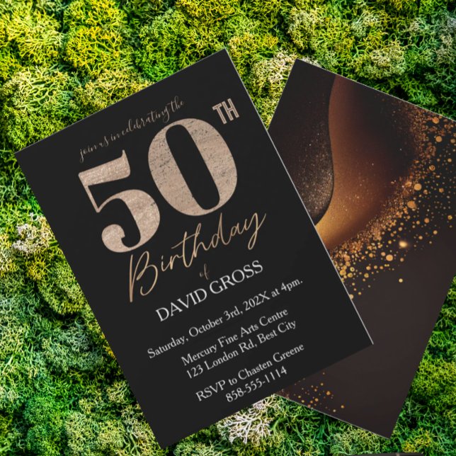 Invitación Purpurina negro y oro Swirl 50 cumpleaños (Subido por el creador)