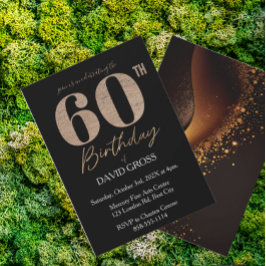 Invitación Purpurina negro y oro Swirl 60 cumpleaños