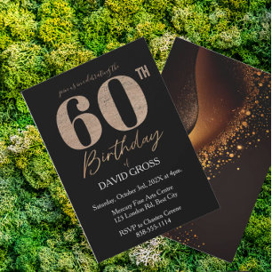 Invitación Purpurina negro y oro Swirl 60 cumpleaños