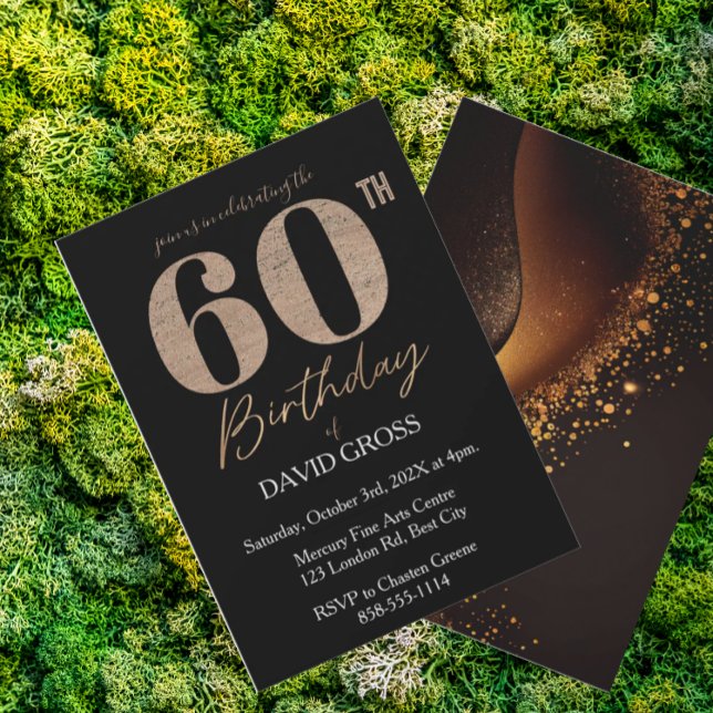 Invitación Purpurina negro y oro Swirl 60 cumpleaños (Subido por el creador)