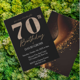 Invitación Purpurina negro y oro Swirl 70 cumpleaños
