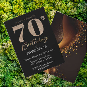Invitación Purpurina negro y oro Swirl 70 cumpleaños