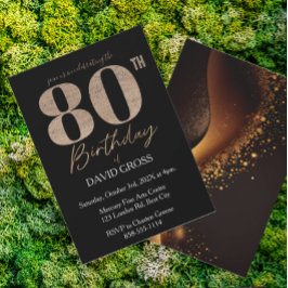 Invitación Purpurina negro y oro Swirl 80 cumpleaños