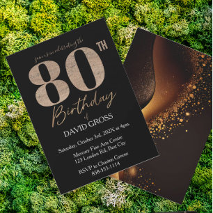 Invitación Purpurina negro y oro Swirl 80 cumpleaños
