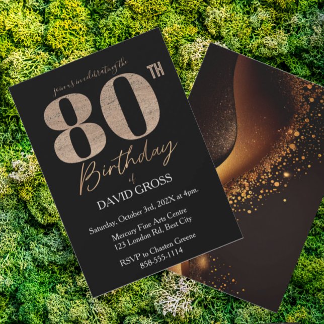Invitación Purpurina negro y oro Swirl 80 cumpleaños (Subido por el creador)