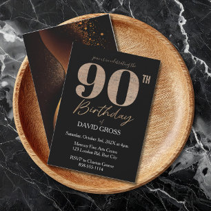 Invitación Purpurina negro y oro Swirl 90º cumpleaños