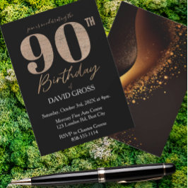 Invitación Purpurina negro y oro Swirl 90º cumpleaños