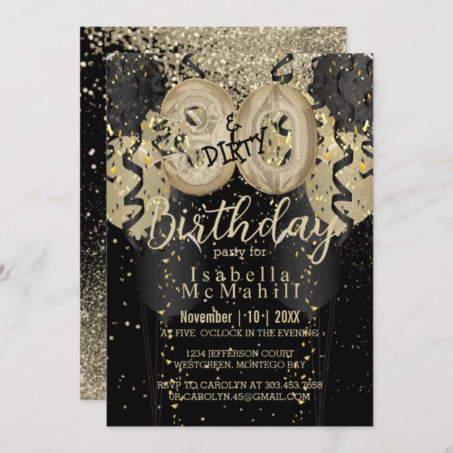 Invitación Purpurina negro y oro y 30 cumpleaños sucios (Anverso / Reverso)