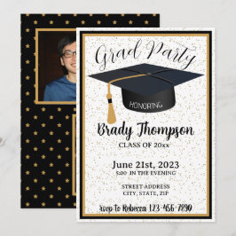 Invitación Purpurina negro y oro y estrellas 2 Fiesta de foto