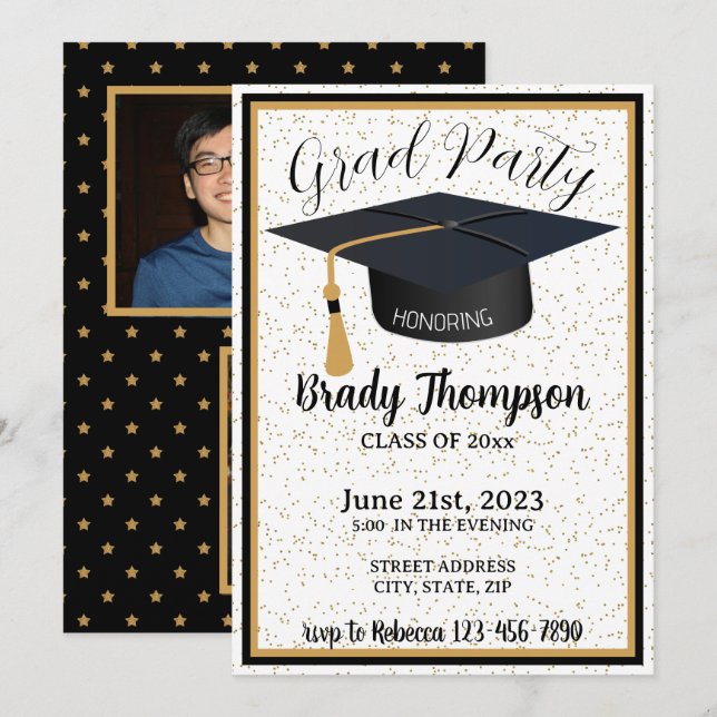 Invitación Purpurina negro y oro y estrellas 2 Fiesta de foto (Anverso / Reverso)