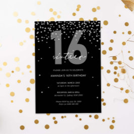 Invitación Purpurina negro y plateado brillan 16 años