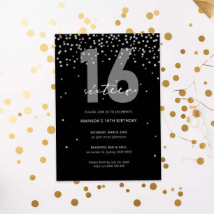 Invitación Purpurina negro y plateado brillan 16 años