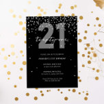 Invitación Purpurina negro y plateado brillan 21 años<br><div class="desc">Esta magnífica invitación del 21ª cuenta con discos de destello plateado sobre fondo negro. Para una personalización más avanzada de este diseño,  por ejemplo,  cambiar el diseño,  el tamaño de letra o el tamaño del texto,  haga clic en el botón "PERSONALIZAR" de arriba. Por favor,  contáctame para cualquier pregunta.</div>