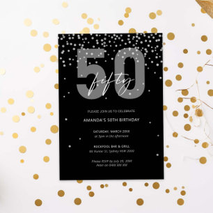 Invitación Purpurina negro y plateado brillan 50 años