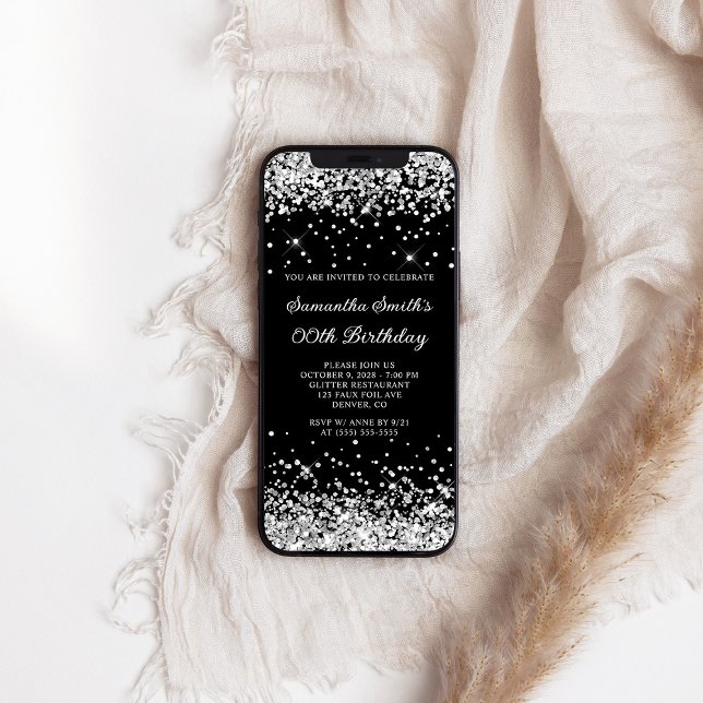 Invitación Purpurina negro y plateado Cualquier cumpleaños de (Black and Silver Glitter Any Age Birthday Invitation)