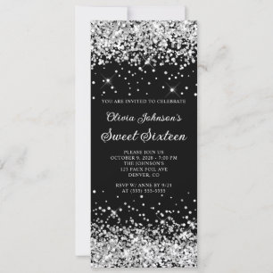 Invitación Purpurina negro y plateado dulce dieciséis