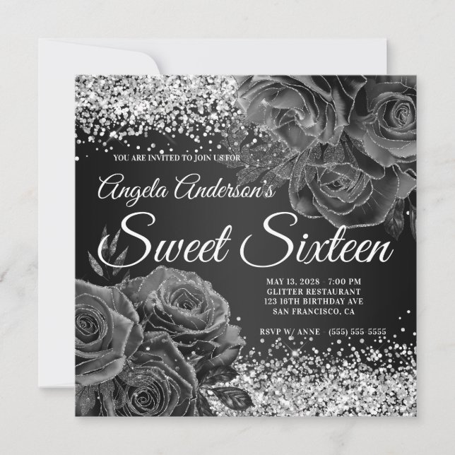 Invitación Purpurina negro y plateado Glam Floral Sweet 16 (Anverso)