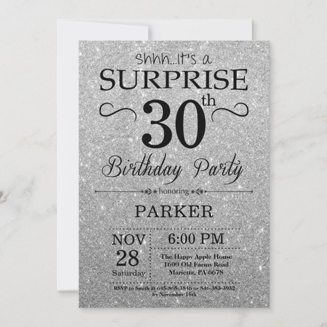 Invitación Purpurina negro y plateado sorprende 30 años (Anverso)