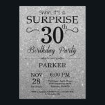 Invitación Purpurina negro y plateado sorprende 30 años<br><div class="desc">Purpurina negro y plateado Sorpresa 30 cumpleaños invitación. Fondo Purpurina Plateado. Cumpleaños de adultos. Invitar el cumpleaños de hombres o mujeres. Cualquier edad.
Para más personalización,  haga clic en el botón "Personalizar" y utilice nuestra herramienta de diseño para modificar esta plantilla.</div>