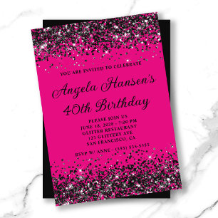 Invitación Purpurina negro y rosado caliente 40 cumpleaños