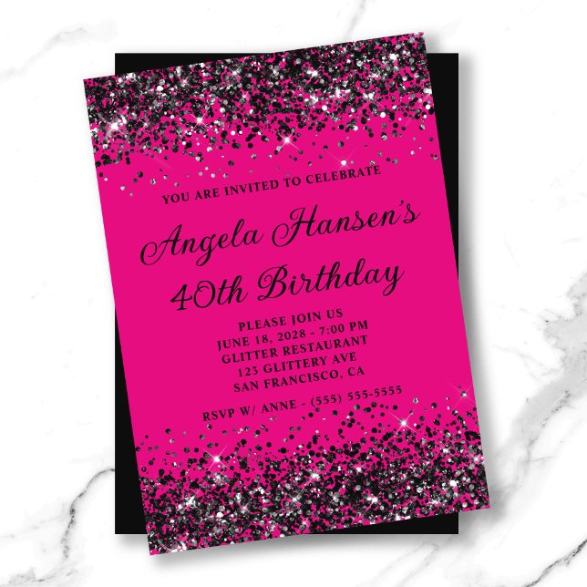 Invitación Purpurina negro y rosado caliente 40 cumpleaños (Hot Pink and Black Glitter 40th Birthday Invitation)