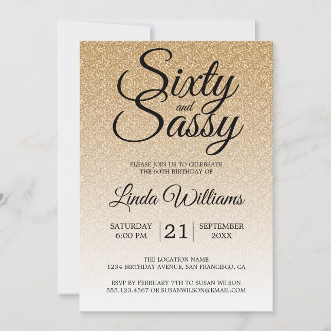 Invitación Purpurina Ombre 60 y cumpleaños 60 Sassy (Anverso)