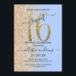 Invitación Purpurina Ombre Azul Girly Modern Ombre Sweet 16<br><div class="desc">Esta dulce y dulce moda de dieciséis años es perfecta para el día especial de tu hija adolescente. Cuenta con un purpurina dorado fino impreso en forma de imitación, grande, "16", encima de un sencillo fondo oscuro en tonos azul pastel serenity y purpurina falso dorado en un lateral. Es sencillo,...</div>