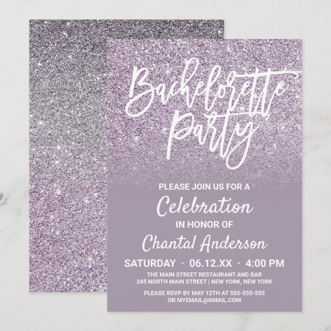 Invitación Purpurina Ombre Bachelorette (Anverso / Reverso)