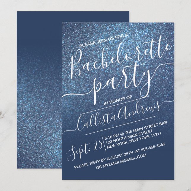 Invitación Purpurina Ombre Bachelorette de la Marina Azul (Anverso / Reverso)