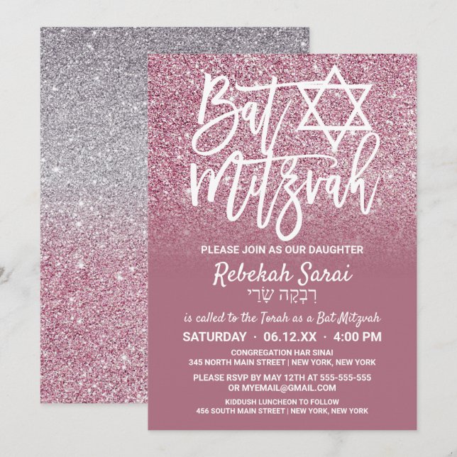 Invitación Purpurina Ombre Bat Mitzvah (Anverso / Reverso)