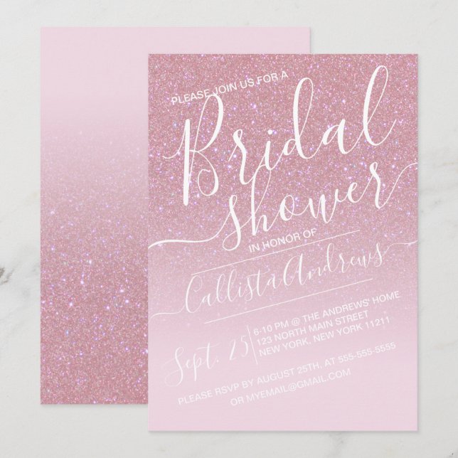 Invitación Purpurina Ombre Bridal De Faux Rosados Sparkly (Anverso / Reverso)