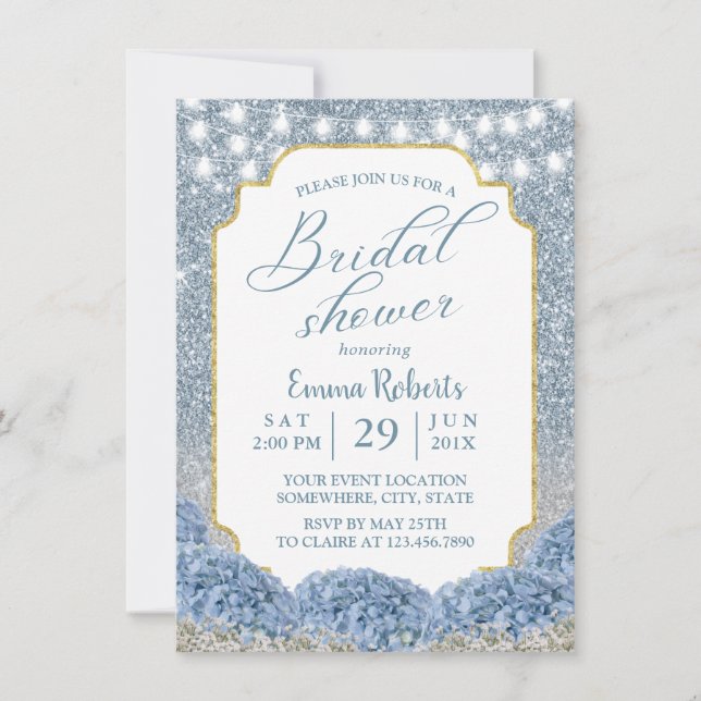 Invitación Purpurina Ombre Bridal Dusty Blue & Silver (Anverso)
