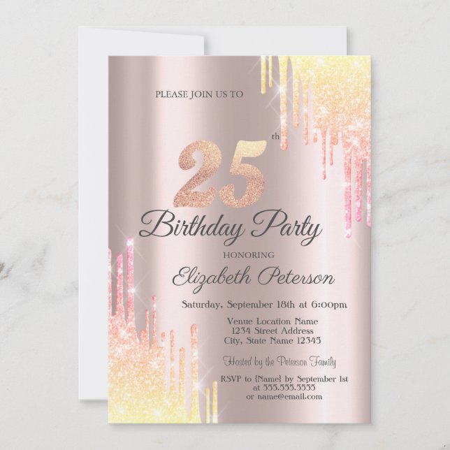Invitación Purpurina Ombre dedique 25 años a la fiesta (Anverso)
