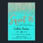 Invitación Purpurina Ombre Derramado de oro Verde azulado Aqu<br><div class="desc">Este diseño único y bonito Sweet 16, presenta tipografía de pincel manuscrito glamoroso brillante personalizado dorado y disperso en un efecto de gradiente oscuro sobre un fondo verde azulado acuático. En la parte posterior se muestra una gran moda, purpurina número 16. Este elegante, elegante y artístico diseño es perfecto para...</div>