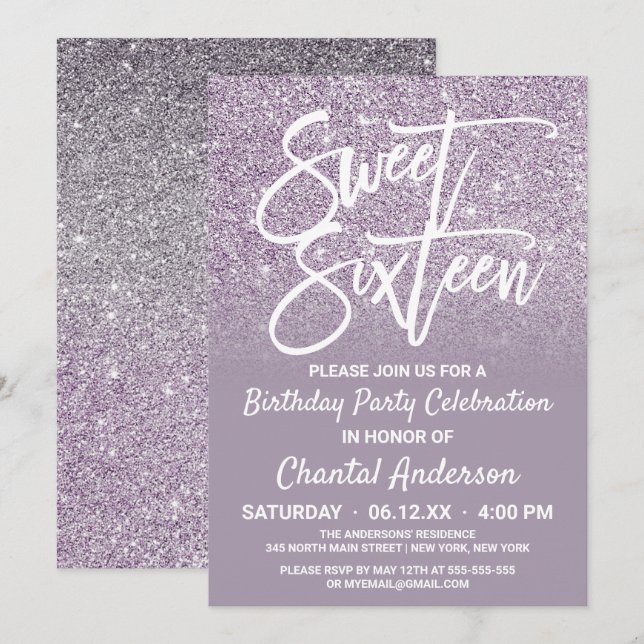 Invitación Purpurina Ombre Dusty Purple Gris Faux Dulce Dieci (Anverso / Reverso)