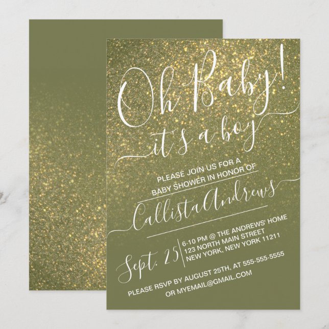 Invitación Purpurina Ombre Olive Green Sparkly Ombre Baby Sho (Anverso / Reverso)