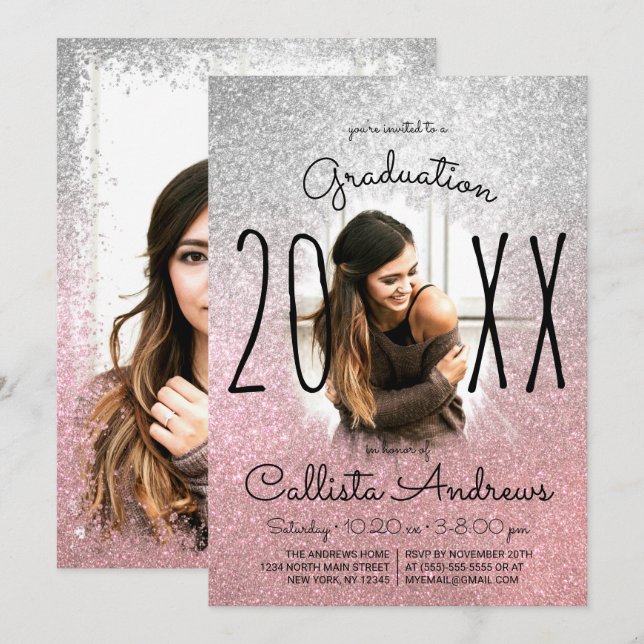 Invitación Purpurina Ombre Ombre Rosa Plateado Graduación de  (Anverso / Reverso)