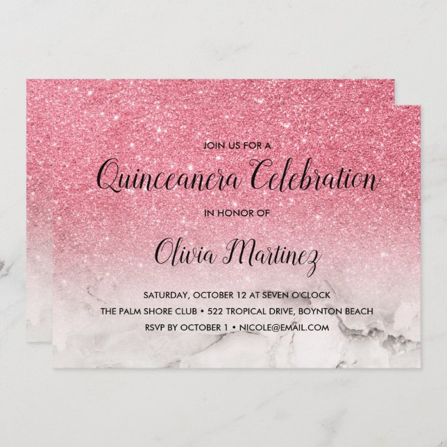 Invitación Purpurina Ombre rosa mármol blanco Quinceañera (Anverso / Reverso)