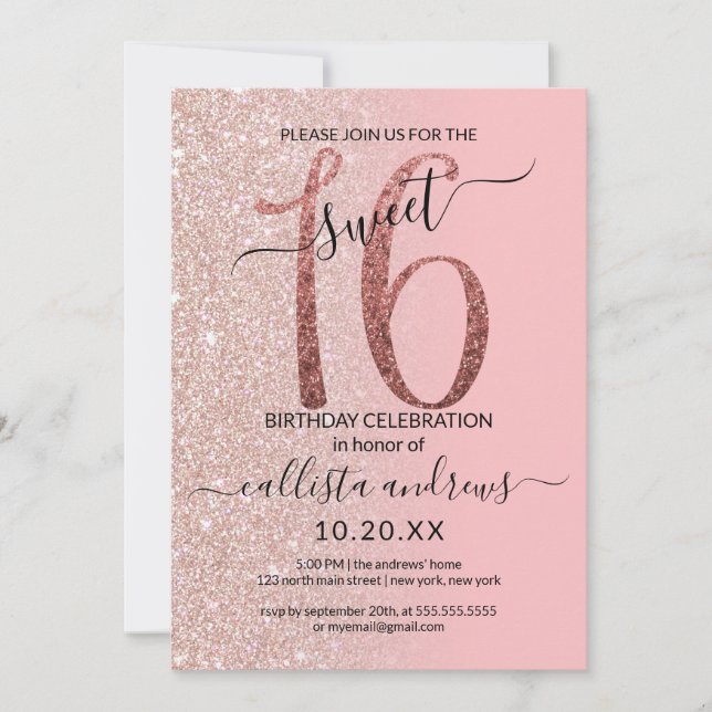 Invitación Purpurina Ombre Rosa Rosa Rosa Girly Moderno Ombre (Anverso)
