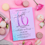 Invitación Purpurina Ombre Sweet de Lavanda Azul Rosa 16<br><div class="desc">Esta dulce y dulce moda de dieciséis años es perfecta para el día especial de tu hija adolescente. Cuenta con un gran purpurina de color azul brillante, magenta y púrpura impreso en falso, "16", encima de un sencillo fondo oscuro de lavanda púrpura y imitación de lavanda pastel, azul y purpurina...</div>