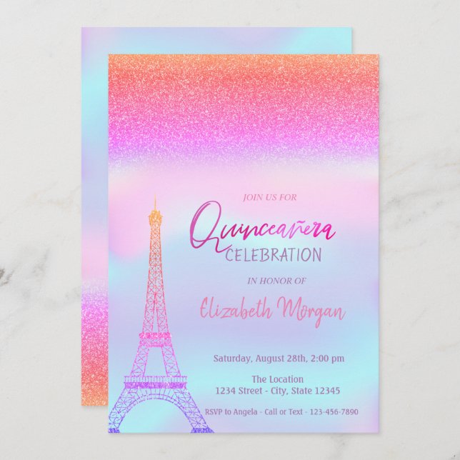 Invitación Purpurina Ombre,Torre Eiffel Holográfica Quinceane (Anverso / Reverso)