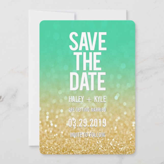 Invitación Purpurina Ombre Verde azulado Gold Save the Date T (Reverso)