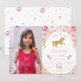 Invitación Purpurina Oro Caballo Floral Rosa Chica de cumplea