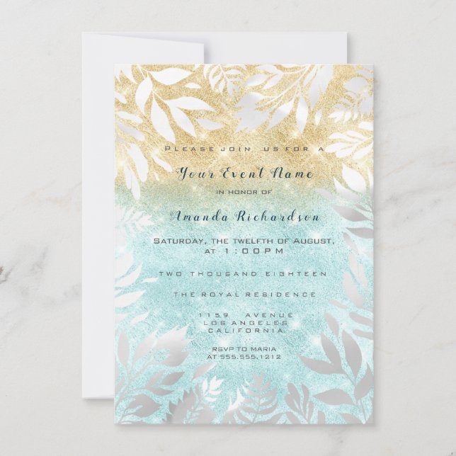 Invitación Purpurina Oro del Océano Azul Ombre Floral Sparkly (Anverso)