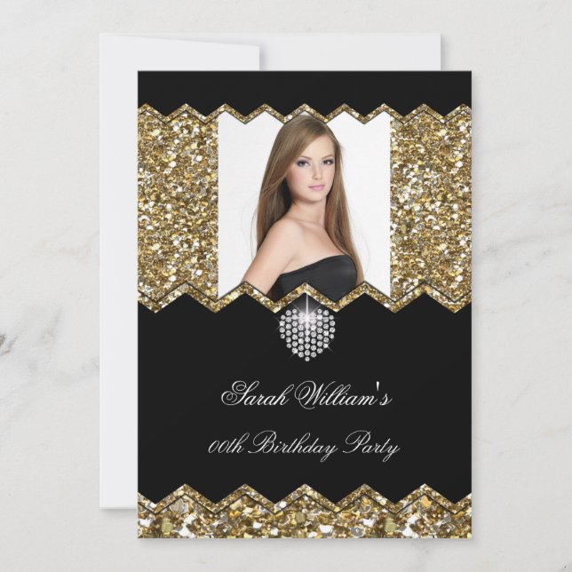 Invitación Purpurina Oro Diamante Foto de cualquier cumpleaño (Anverso)